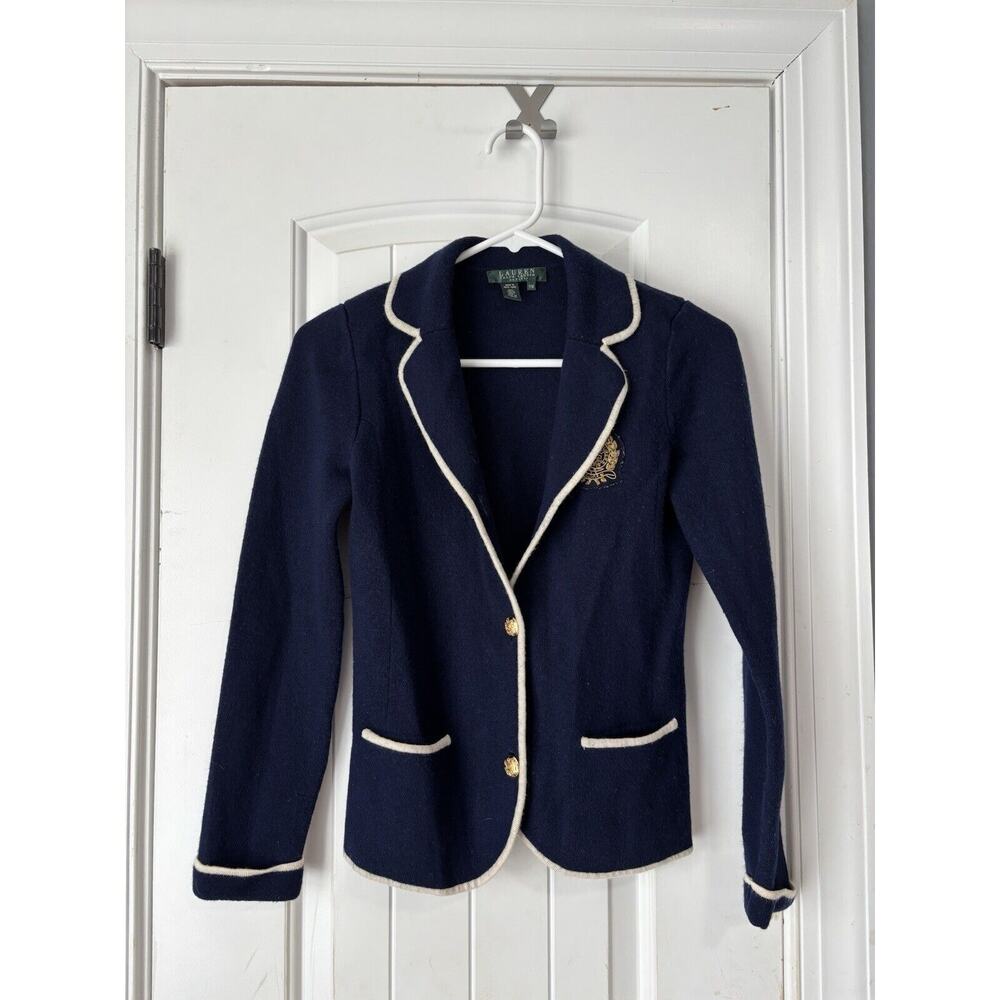 LAUREN RALPH LAUREN ROYAL NAVY BLUE CREST COAT OF ARMS CARDIGAN SWEATER Petite M